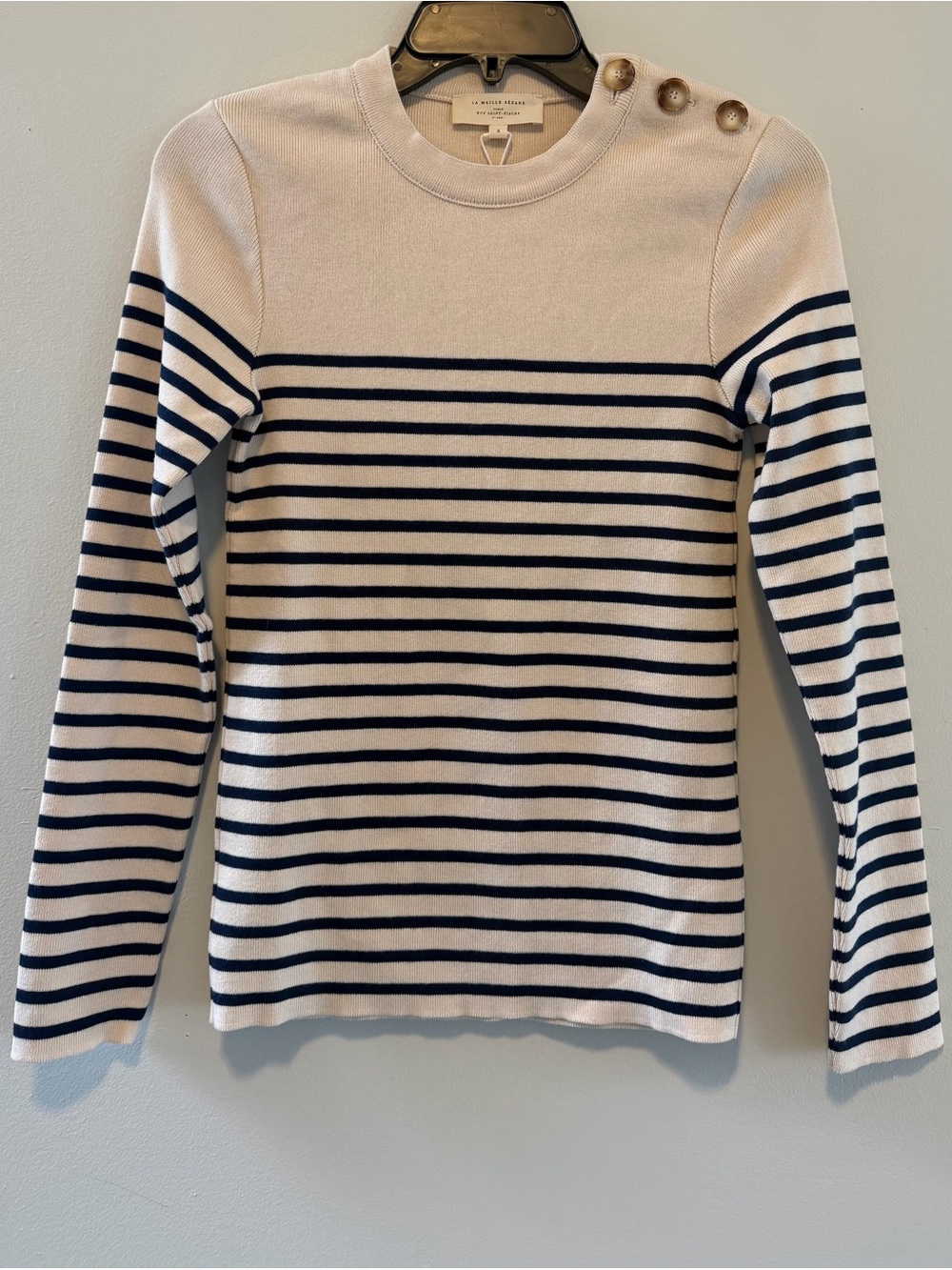 Sezane Navy and White Striped Button-Shoulder Long Sleeve Top